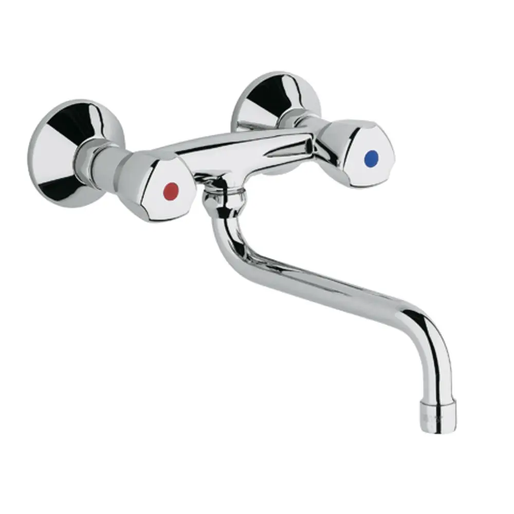 Wandarmatur mit zwei Griffen in Chromoptik, links für warmes (rot) und rechts für kaltes Wasser (blau), von der Marke Kludi. Der Wasserhahn hat einen geschwungenen Auslauf.